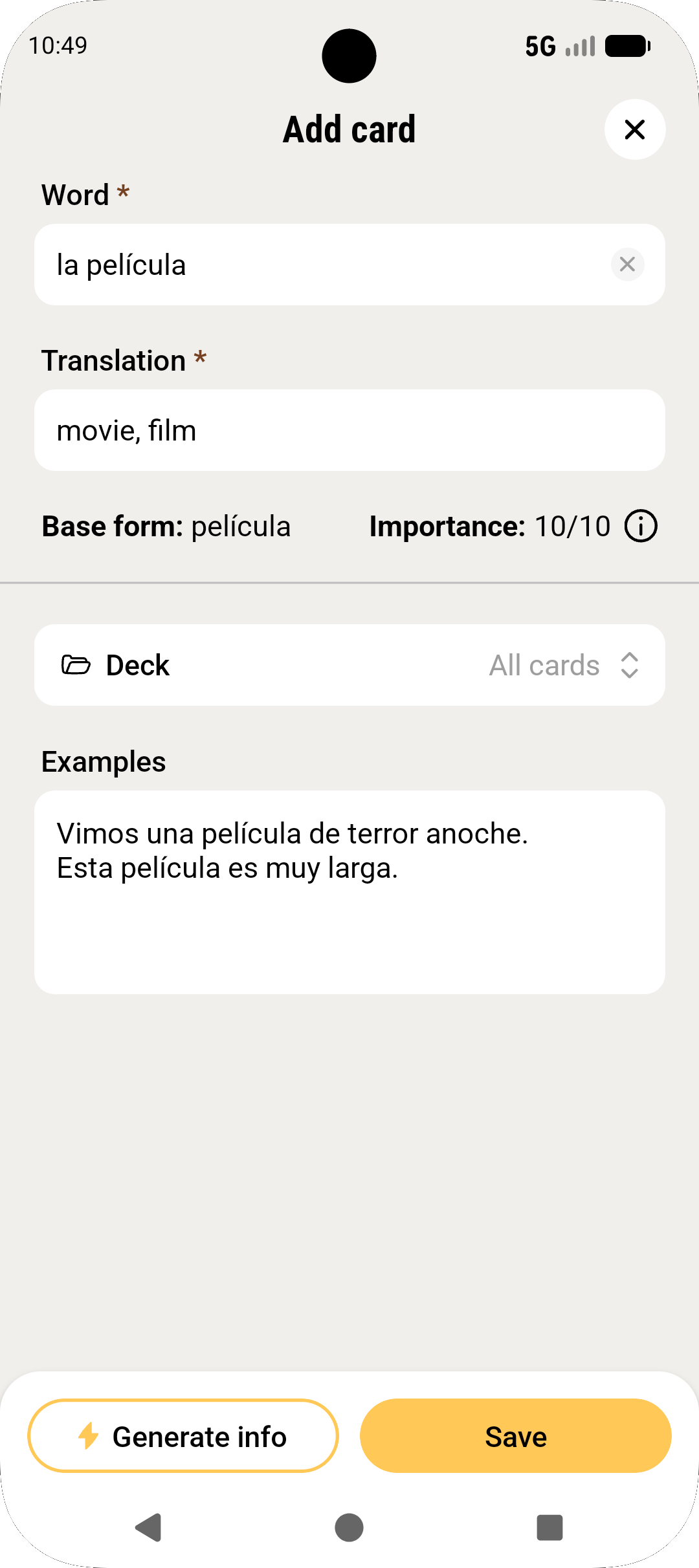 Add card screen with word, translation, deck and examples fields.